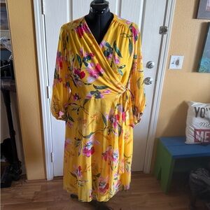 Robbie Bee Yellow Floral Wrap Midi Dress